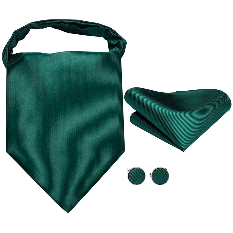 Dubulle Dark Green Ascot for Men Mens Solid Self Tie Cravat and Pocket Square Cufflinks Set Formal Wedding - Image 4